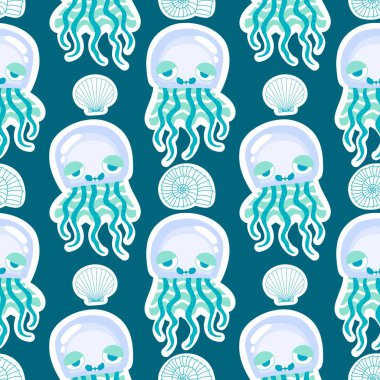 Yaz okyanus hayvanları, ambalajsız denizanası desenli ambalaj kağıtları, kumaşlar, çarşaflar, çocuk giysileri ve parti aksesuarları için. Yüksek kaliteli illüstrasyon