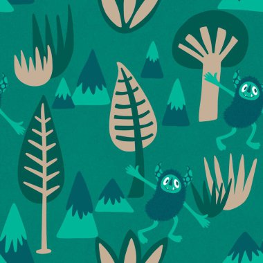 Kış canavarları, kağıt, kumaş, çarşaf ve çocuk giysileri baskısı ve yeni yıl ambalajı için kusursuz Noel Yeti desenleri. Yüksek kaliteli illüstrasyon