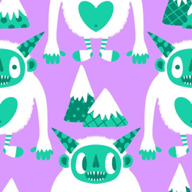 Kış canavarları, kağıt, kumaş, çarşaf ve çocuk giysileri baskısı ve yeni yıl ambalajı için kusursuz Noel Yeti desenleri. Yüksek kaliteli illüstrasyon