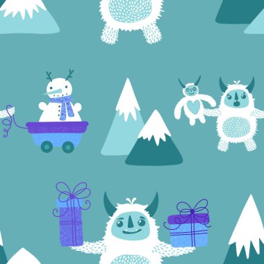 Kış canavarları, kağıt, kumaş, çarşaf ve çocuk giysileri baskısı ve yeni yıl ambalajı için kusursuz Noel Yeti desenleri. Yüksek kaliteli illüstrasyon