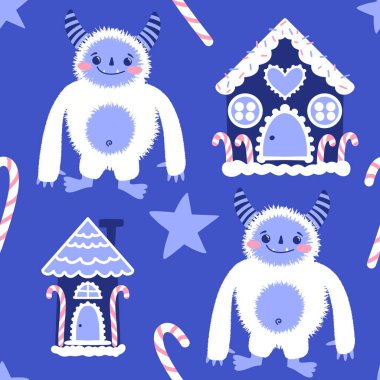 Kış canavarları, kağıt, kumaş, çarşaf ve çocuk giysileri baskısı ve yeni yıl ambalajı için kusursuz Noel Yeti desenleri. Yüksek kaliteli illüstrasyon
