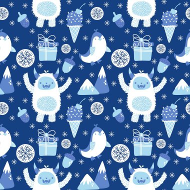 Kış canavarları, kağıt, kumaş, çarşaf ve çocuk giysileri baskısı ve yeni yıl ambalajı için kusursuz Noel Yeti desenleri. Yüksek kaliteli illüstrasyon