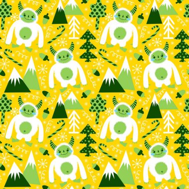 Kış canavarları, kağıt, kumaş, çarşaf ve çocuk giysileri baskısı ve yeni yıl ambalajı için kusursuz Noel Yeti desenleri. Yüksek kaliteli illüstrasyon