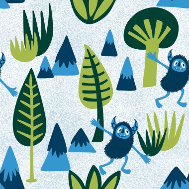 Kış canavarları, kağıt, kumaş, çarşaf ve çocuk giysileri baskısı ve yeni yıl ambalajı için kusursuz Noel Yeti desenleri. Yüksek kaliteli illüstrasyon