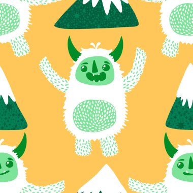 Kış canavarları, kağıt, kumaş, çarşaf ve çocuk giysileri baskısı ve yeni yıl ambalajı için kusursuz Noel Yeti desenleri. Yüksek kaliteli illüstrasyon