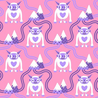 Kış canavarları, kağıt, kumaş, çarşaf ve çocuk giysileri baskısı ve yeni yıl ambalajı için kusursuz Noel Yeti desenleri. Yüksek kaliteli illüstrasyon