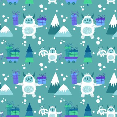 Kış canavarları, kağıt, kumaş, çarşaf ve çocuk giysileri baskısı ve yeni yıl ambalajı için kusursuz Noel Yeti desenleri. Yüksek kaliteli illüstrasyon