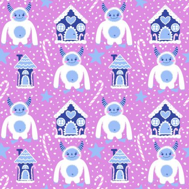 Kış canavarları, kağıt, kumaş, çarşaf ve çocuk giysileri baskısı ve yeni yıl ambalajı için kusursuz Noel Yeti desenleri. Yüksek kaliteli illüstrasyon