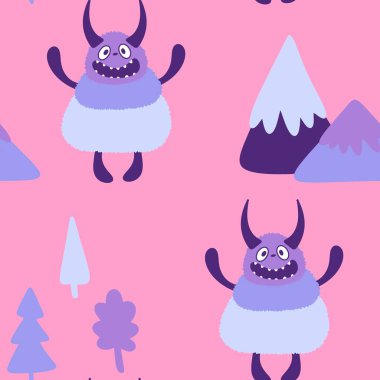 Kış canavarları, kağıt, kumaş, çarşaf ve çocuk giysileri baskısı ve yeni yıl ambalajı için kusursuz Noel Yeti desenleri. Yüksek kaliteli illüstrasyon