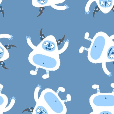 Kış canavarları, kağıt, kumaş, çarşaf ve çocuk giysileri baskısı ve yeni yıl ambalajı için kusursuz Noel Yeti desenleri. Yüksek kaliteli illüstrasyon