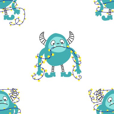 Kış canavarları, kağıt, kumaş, çarşaf ve çocuk giysileri baskısı ve yeni yıl ambalajı için kusursuz Noel Yeti desenleri. Yüksek kaliteli illüstrasyon