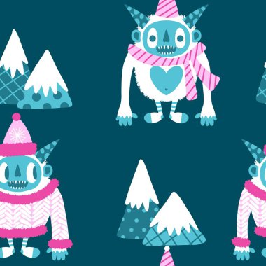 Kış canavarları, kağıt, kumaş, çarşaf ve çocuk giysileri baskısı ve yeni yıl ambalajı için kusursuz Noel Yeti desenleri. Yüksek kaliteli illüstrasyon
