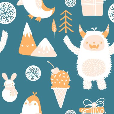 Kış canavarları, kağıt, kumaş, çarşaf ve çocuk giysileri baskısı ve yeni yıl ambalajı için kusursuz Noel Yeti desenleri. Yüksek kaliteli illüstrasyon