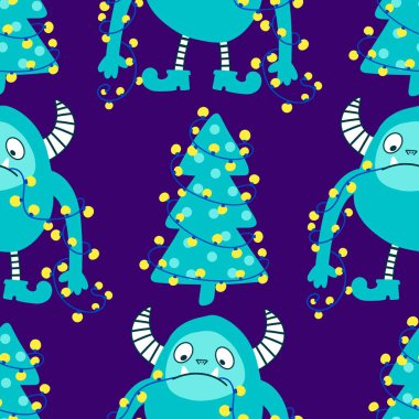 Kış canavarları, kağıt, kumaş, çarşaf ve çocuk giysileri baskısı ve yeni yıl ambalajı için kusursuz Noel Yeti desenleri. Yüksek kaliteli illüstrasyon