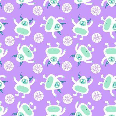 Kış canavarları, kağıt, kumaş, çarşaf ve çocuk giysileri baskısı ve yeni yıl ambalajı için kusursuz Noel Yeti desenleri. Yüksek kaliteli illüstrasyon