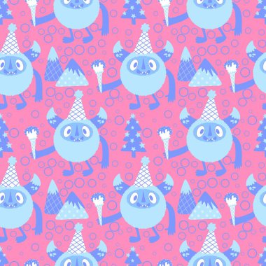 Kış canavarları, kağıt, kumaş, çarşaf ve çocuk giysileri baskısı ve yeni yıl ambalajı için kusursuz Noel Yeti desenleri. Yüksek kaliteli illüstrasyon