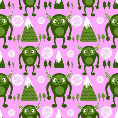 Kış canavarları, kağıt, kumaş, çarşaf ve çocuk giysileri baskısı ve yeni yıl ambalajı için kusursuz Noel Yeti desenleri. Yüksek kaliteli illüstrasyon