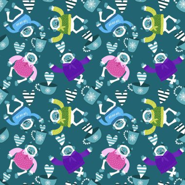 Kış canavarları, kağıt, kumaş, çarşaf ve çocuk giysileri baskısı ve yeni yıl ambalajı için kusursuz Noel Yeti desenleri. Yüksek kaliteli illüstrasyon