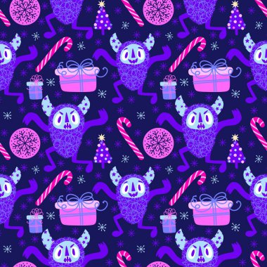 Kış canavarları, kağıt, kumaş, çarşaf ve çocuk giysileri baskısı ve yeni yıl ambalajı için kusursuz Noel Yeti desenleri. Yüksek kaliteli illüstrasyon