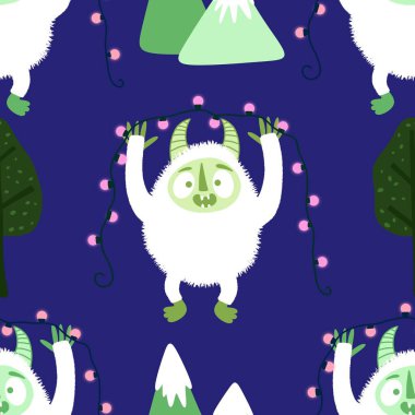 Kış canavarları, kağıt, kumaş, çarşaf ve çocuk giysileri baskısı ve yeni yıl ambalajı için kusursuz Noel Yeti desenleri. Yüksek kaliteli illüstrasyon