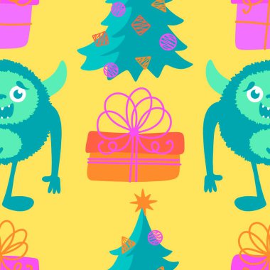 Kış canavarları, kağıt, kumaş, çarşaf ve çocuk giysileri baskısı ve yeni yıl ambalajı için kusursuz Noel Yeti desenleri. Yüksek kaliteli illüstrasyon