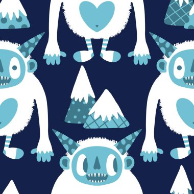 Kış canavarları, kağıt, kumaş, çarşaf ve çocuk giysileri baskısı ve yeni yıl ambalajı için kusursuz Noel Yeti desenleri. Yüksek kaliteli illüstrasyon