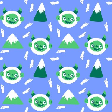 Kış canavarları, kağıt, kumaş, çarşaf ve çocuk giysileri baskısı ve yeni yıl ambalajı için kusursuz Noel Yeti desenleri. Yüksek kaliteli illüstrasyon