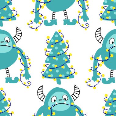 Kış canavarları, kağıt, kumaş, çarşaf ve çocuk giysileri baskısı ve yeni yıl ambalajı için kusursuz Noel Yeti desenleri. Yüksek kaliteli illüstrasyon