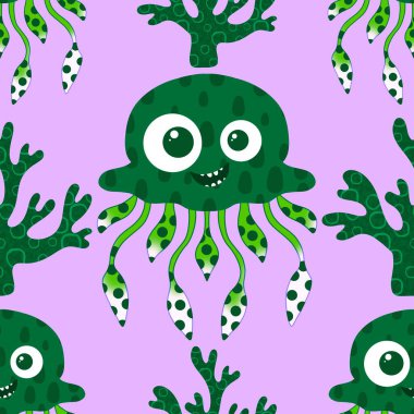 Yaz okyanus hayvanları, ambalajsız denizanası desenli ambalaj kağıtları, kumaşlar ve çocuk kıyafetleri ve parti aksesuarları için. Yüksek kaliteli illüstrasyon