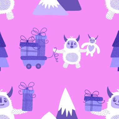 Kış canavarları, kağıt, kumaş, çarşaf ve çocuk giysileri baskısı ve yeni yıl ambalajı için kusursuz Noel Yeti desenleri. Yüksek kaliteli illüstrasyon