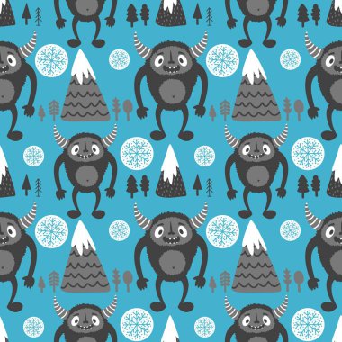 Kış canavarları, kağıt, kumaş, çarşaf ve çocuk giysileri baskısı ve yeni yıl ambalajı için kusursuz Noel Yeti desenleri. Yüksek kaliteli illüstrasyon