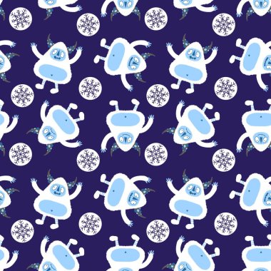 Kış canavarları, kağıt, kumaş, çarşaf ve çocuk giysileri baskısı ve yeni yıl ambalajı için kusursuz Noel Yeti desenleri. Yüksek kaliteli illüstrasyon