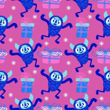 Kış canavarları, kağıt, kumaş, çarşaf ve çocuk giysileri baskısı ve yeni yıl ambalajı için kusursuz Noel Yeti desenleri. Yüksek kaliteli illüstrasyon