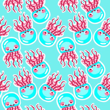 Yaz okyanus hayvanları, ambalajsız denizanası desenli ambalaj kağıtları, kumaşlar, çarşaflar, çocuk giysileri ve parti aksesuarları için. Yüksek kaliteli illüstrasyon