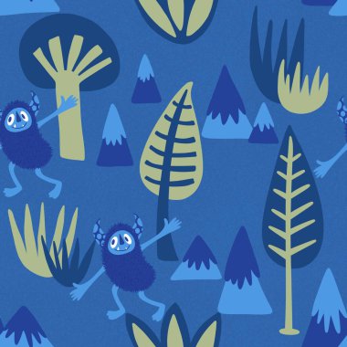 Kış canavarları, kağıt, kumaş, çarşaf ve çocuk giysileri baskısı ve yeni yıl ambalajı için kusursuz Noel Yeti desenleri. Yüksek kaliteli illüstrasyon