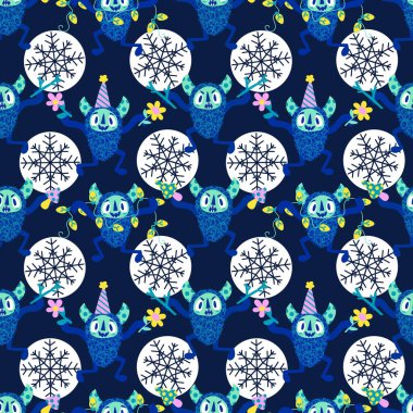 Kış canavarları, kağıt, kumaş, çarşaf ve çocuk giysileri baskısı ve yeni yıl ambalajı için kusursuz Noel Yeti desenleri. Yüksek kaliteli illüstrasyon