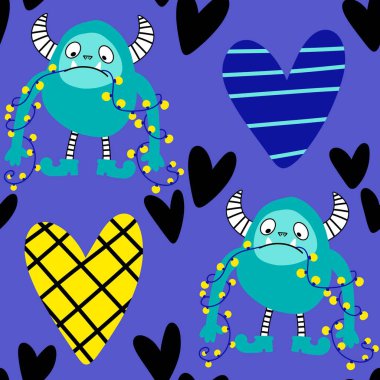 Kış canavarları, kağıt, kumaş, çarşaf ve çocuk giysileri baskısı ve yeni yıl ambalajı için kusursuz Noel Yeti desenleri. Yüksek kaliteli illüstrasyon