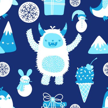 Kış canavarları, kağıt, kumaş, çarşaf ve çocuk giysileri baskısı ve yeni yıl ambalajı için kusursuz Noel Yeti desenleri. Yüksek kaliteli illüstrasyon