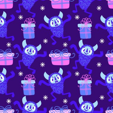 Kış canavarları, kağıt, kumaş, çarşaf ve çocuk giysileri baskısı ve yeni yıl ambalajı için kusursuz Noel Yeti desenleri. Yüksek kaliteli illüstrasyon