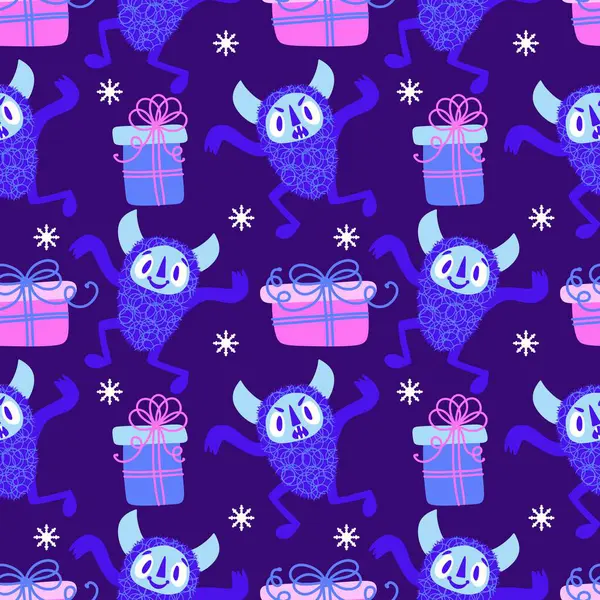 Kış canavarları, kağıt, kumaş, çarşaf ve çocuk giysileri baskısı ve yeni yıl ambalajı için kusursuz Noel Yeti desenleri. Yüksek kaliteli illüstrasyon