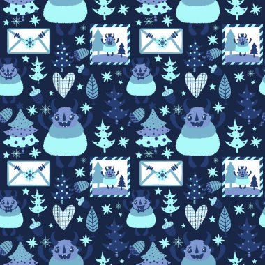 Kış canavarları, kağıt, kumaş, çarşaf ve çocuk giysileri baskısı ve yeni yıl ambalajı için kusursuz Noel Yeti desenleri. Yüksek kaliteli illüstrasyon