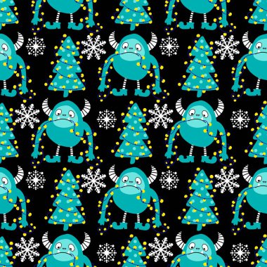 Kış canavarları, kağıt, kumaş, çarşaf ve çocuk giysileri baskısı ve yeni yıl ambalajı için kusursuz Noel Yeti desenleri. Yüksek kaliteli illüstrasyon