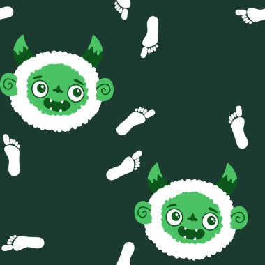 Kış canavarları, kağıt, kumaş, çarşaf ve çocuk giysileri baskısı ve yeni yıl ambalajı için kusursuz Noel Yeti desenleri. Yüksek kaliteli illüstrasyon