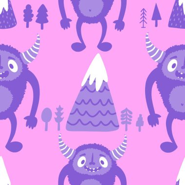 Kış canavarları, kağıt, kumaş, çarşaf ve çocuk giysileri baskısı ve yeni yıl ambalajı için kusursuz Noel Yeti desenleri. Yüksek kaliteli illüstrasyon