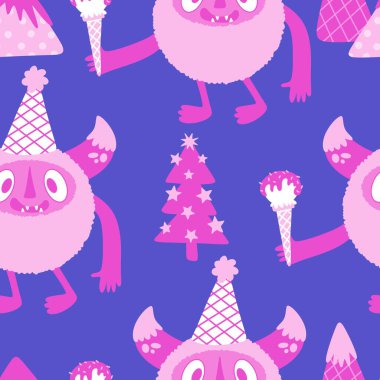 Kış canavarları, kağıt, kumaş, çarşaf ve çocuk giysileri baskısı ve yeni yıl ambalajı için kusursuz Noel Yeti desenleri. Yüksek kaliteli illüstrasyon