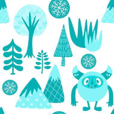 Kış canavarları, kağıt, kumaş, çarşaf ve çocuk giysileri baskısı ve yeni yıl ambalajı için kusursuz Noel Yeti desenleri. Yüksek kaliteli illüstrasyon