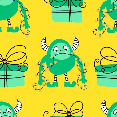 Kış canavarları, kağıt, kumaş, çarşaf ve çocuk giysileri baskısı ve yeni yıl ambalajı için kusursuz Noel Yeti desenleri. Yüksek kaliteli illüstrasyon