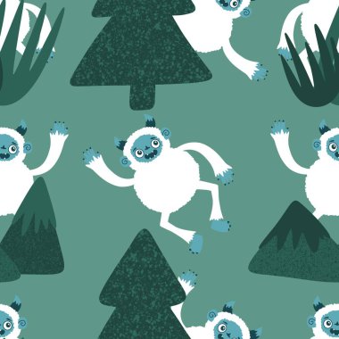 Kış canavarları, kağıt, kumaş, çarşaf ve çocuk giysileri baskısı ve yeni yıl ambalajı için kusursuz Noel Yeti desenleri. Yüksek kaliteli illüstrasyon