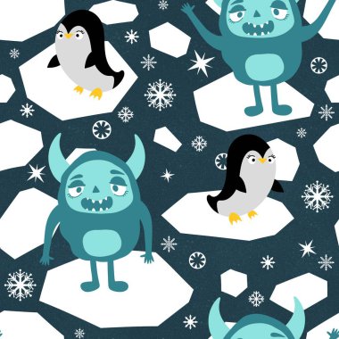 Kış canavarları, kağıt, kumaş, çarşaf ve çocuk giysileri baskısı ve yeni yıl ambalajı için kusursuz Noel Yeti desenleri. Yüksek kaliteli illüstrasyon