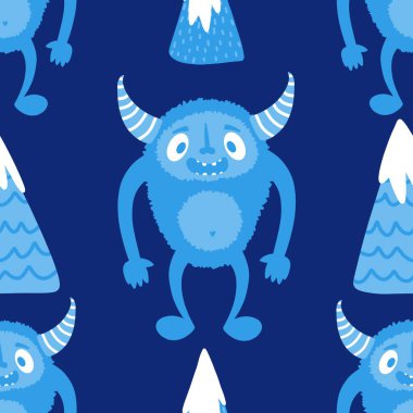 Kış canavarları, kağıt, kumaş, çarşaf ve çocuk giysileri baskısı ve yeni yıl ambalajı için kusursuz Noel Yeti desenleri. Yüksek kaliteli illüstrasyon